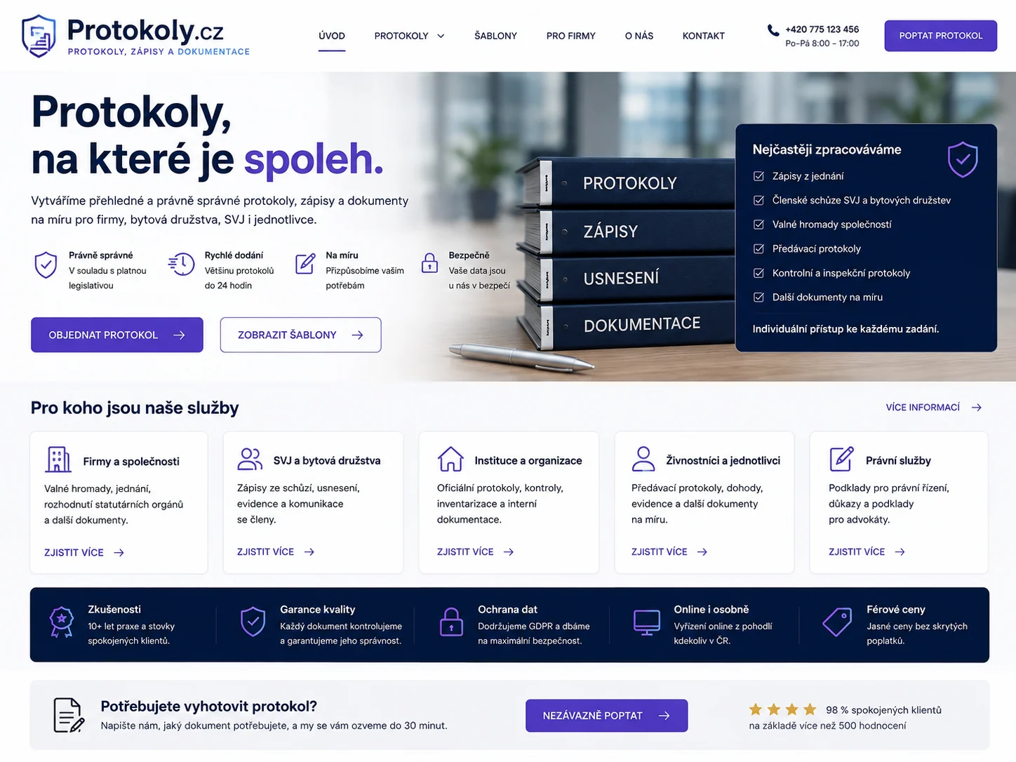 Ilustrační návrh webu Protokoly.cz s nabídkou zpracování zápisů a protokolů